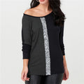 Ladies Tops Off Shoulder Long Sleeve Shirt Sequin Patchwork Tunic - SunLify