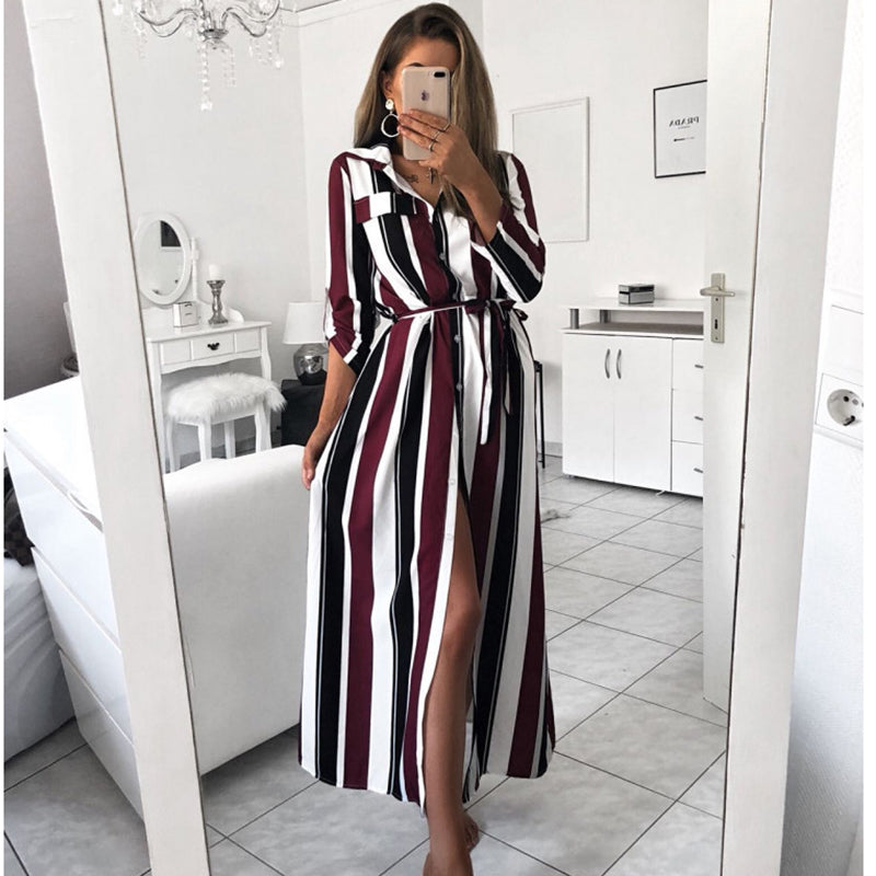 Stripe Turn-Down Collar Button Autumn Summer Long Sleeve Dress – SunLify