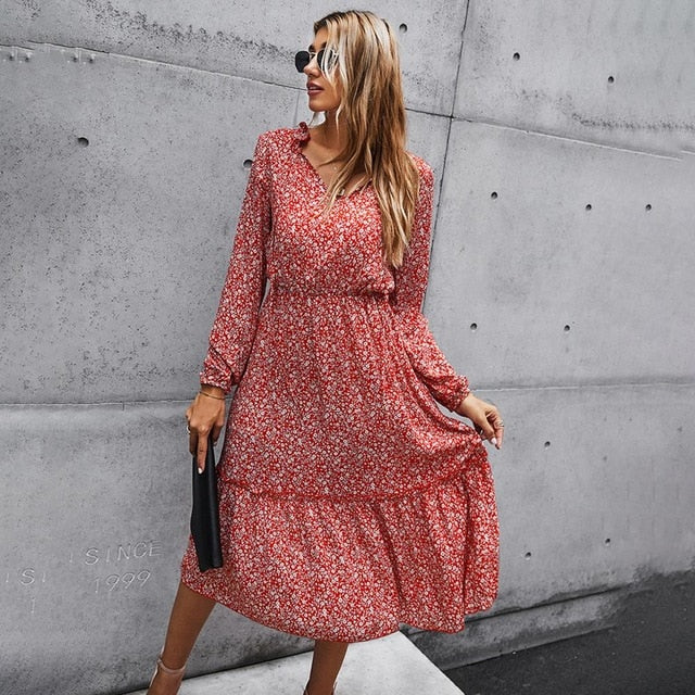 Long Dress Autumn Spring Casual Green Long Sleeve Floral Print Ruched Dresses New Arrival Fall Clothes For Women  Fashion - SunLify