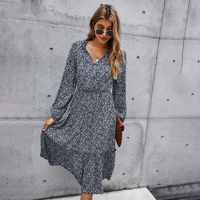 Long Dress Autumn Spring Casual Green Long Sleeve Floral Print Ruched Dresses New Arrival Fall Clothes For Women  Fashion - SunLify