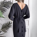 Long Dress Autumn Spring Elegant Office Ladies Long Sleeve Clothes Casual Pure Black Sashes Button Up Woman Dresses  Fashion - SunLify