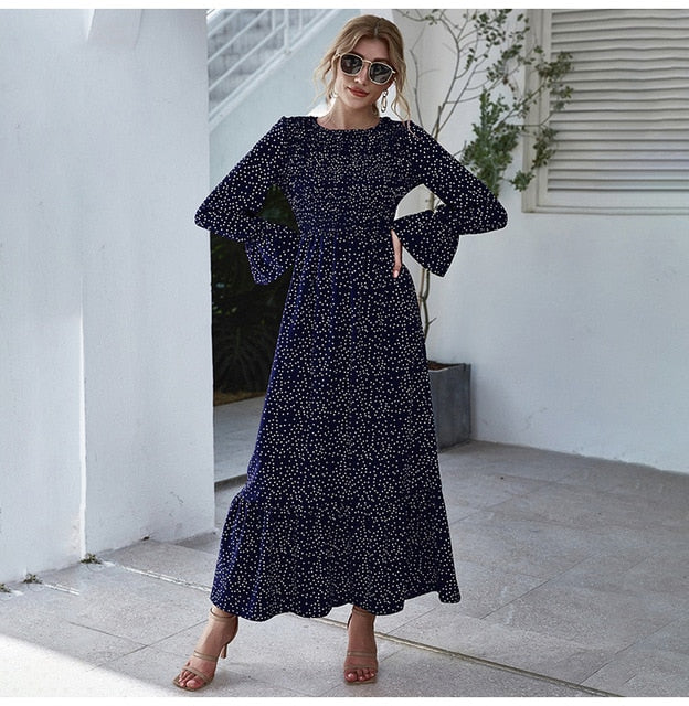 Long Dress Autumn Winter Dots Flroal Print Ruffle Black Clothes Elegant Ladies Flower Long Sleeve Maxi Dresses For Women - SunLify