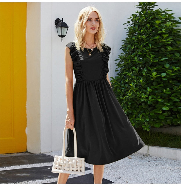 Long Dress Elegant Women Ruffle Patchwork Ruched Sleeveless Tank Midi Dresses Summer Casual Ladies Pure Black Clothing  Pink - SunLify