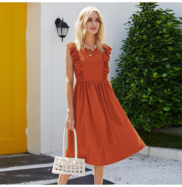 Long Dress Elegant Women Ruffle Patchwork Ruched Sleeveless Tank Midi Dresses Summer Casual Ladies Pure Black Clothing  Pink - SunLify