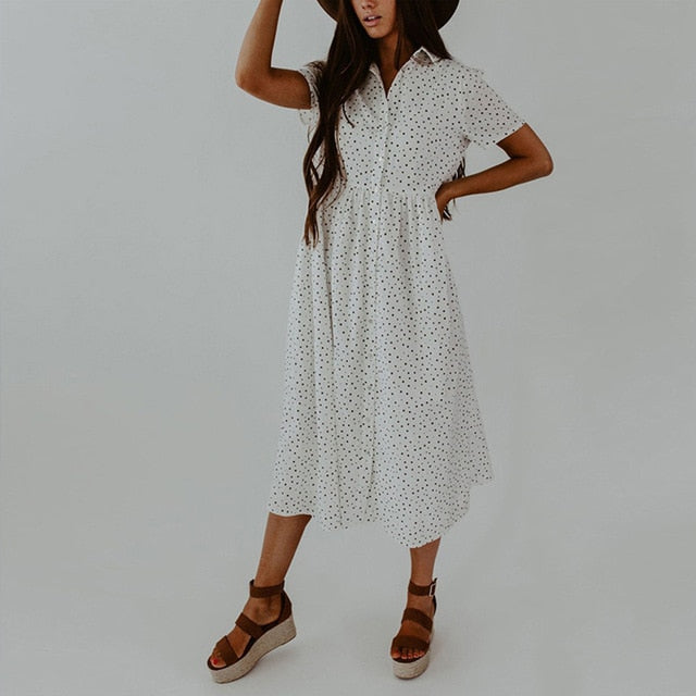 Long Dress Summer Vintage Dots Print Buttons Shirt Dresses White Casual Plus Size Women 4xl Loose Midi Clothes Black  Retro - SunLify