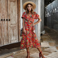 Long Dress Summer Women Casual Floral Ruffle Dresses Lace-Up Cardigan New Arrival  Flower Fitted Midi Clothes Red For Women - SunLify