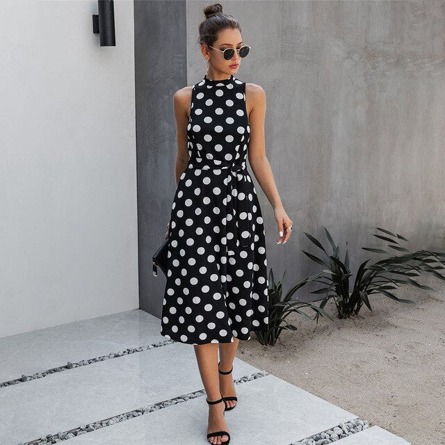 Long Dress Women Black Casual Polka-dot Summer White Midi Dresses Fitted Elegant Ladies Party  Summer Clothes For Women Belt - SunLify