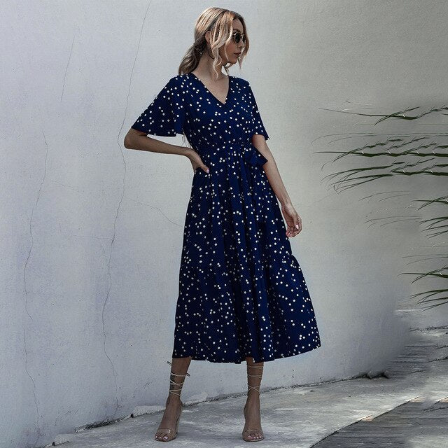 Long Dress Women Summer Casual Polka-dot Floral Print Midi Sundresses Black Elegant Fitted Clothing  Red Dresses For Women - SunLify