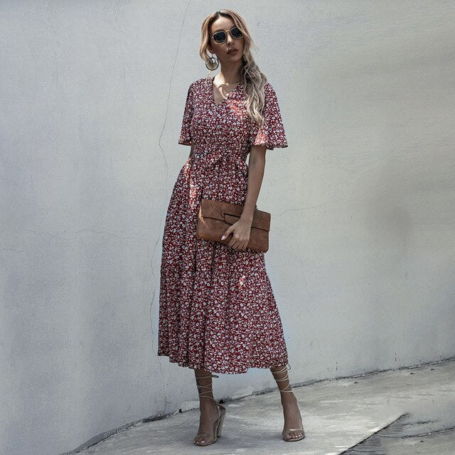 Long Dress Women Summer Casual Polka-dot Floral Print Midi Sundresses Black Elegant Fitted Clothing  Red Dresses For Women - SunLify