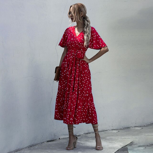 Long Dress Women Summer Casual Polka-dot Floral Print Midi Sundresses Black Elegant Fitted Clothing  Red Dresses For Women - SunLify