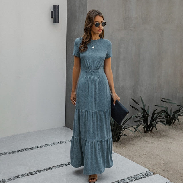 Long Robes T-shirt Dress Women Elegant Ruched A-Line Dresses Casual Ladies Summer Fitted Clothing  Maxi Dresses For Women - SunLify