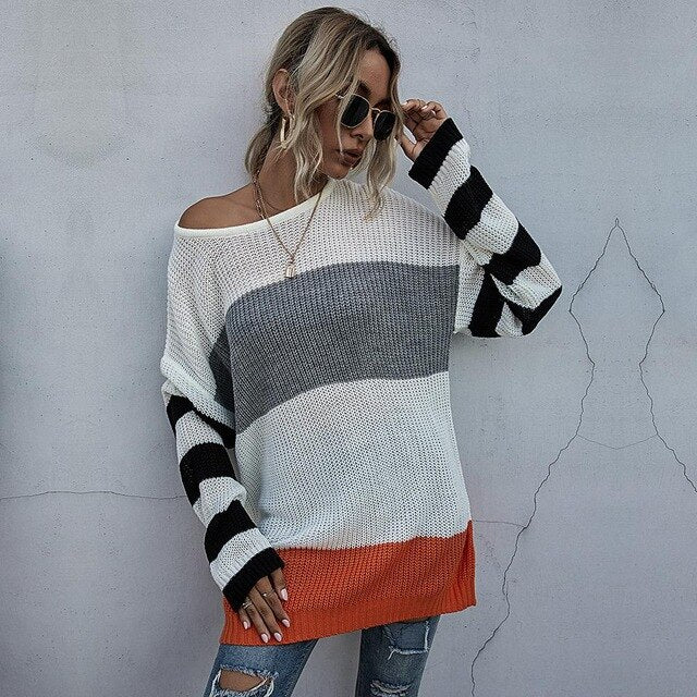 Long Sweaters Woman Autumn Winter Stitching Striped Long Sleeve Knitted Tops Pullover Sweater Fall  Fashion Womens Clothes - SunLify