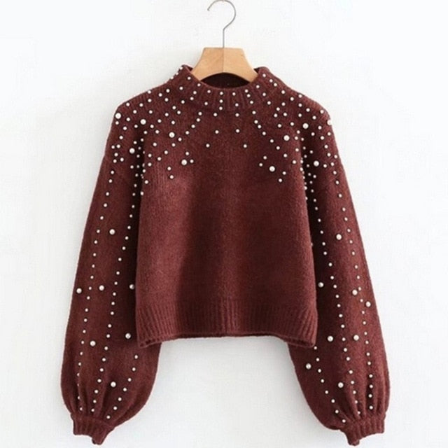 Lossky Cashmere Sweater Pullover With Pearls Women Pure Autumn Winter Warm Knit Pull Jumpers Female Top Clothes - SunLify