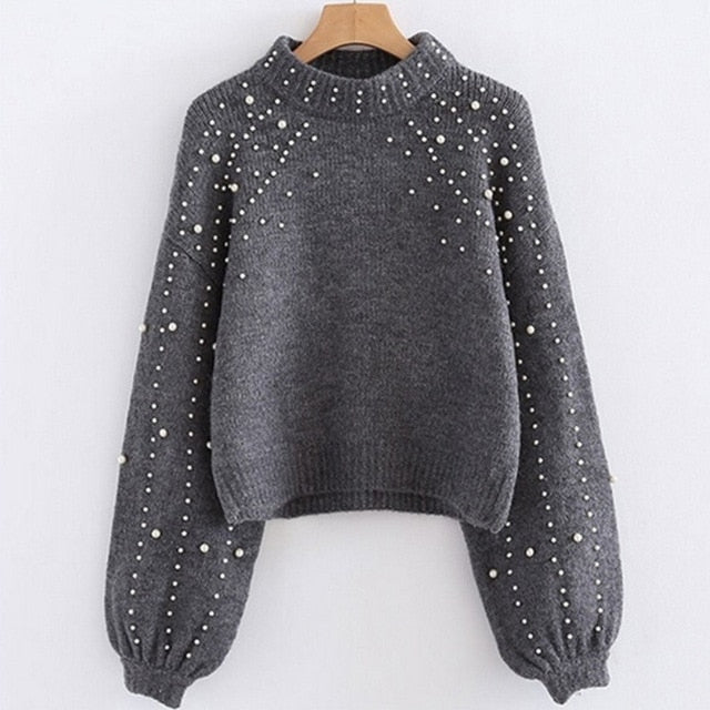 Lossky Cashmere Sweater Pullover With Pearls Women Pure Autumn Winter Warm Knit Pull Jumpers Female Top Clothes - SunLify