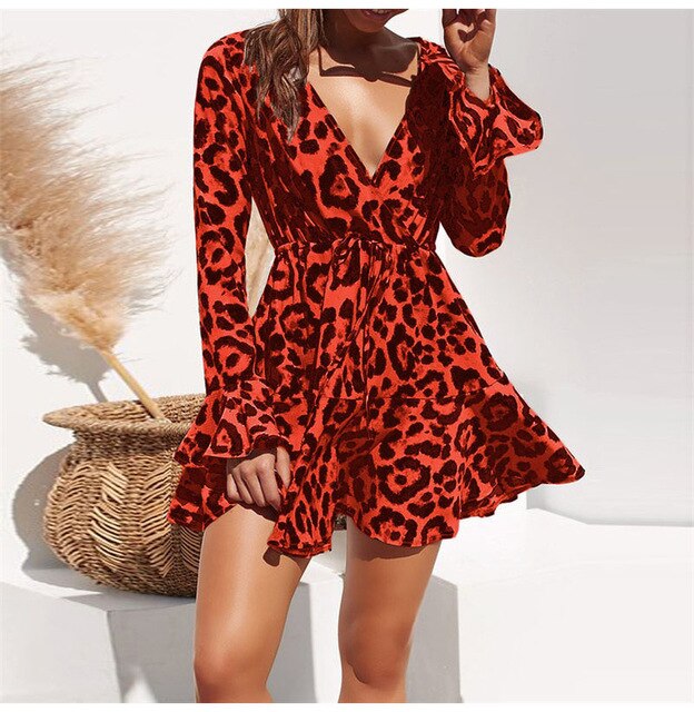 Lossky Leopard Print V-neck Wrap Sleeve Mini Dress Women Plus Size New Short Spring Autumn Gray Lady Dress Elastic Waist - SunLify