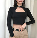 Lossky Sexy Cropped Tops Women Vogue Choker Collar Metal Buckle Short T-shirt Summer Vegan Clothes Black Gothic Streetwear - SunLify