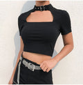 Lossky Sexy Cropped Tops Women Vogue Choker Collar Metal Buckle Short T-shirt Summer Vegan Clothes Black Gothic Streetwear - SunLify