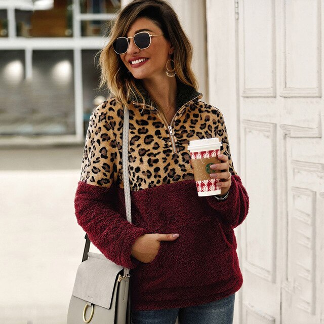 Lossky Winter Sweatshirt Leopard Patchwork Women Long Sleeve Pockets Ladies Plush Tops Zipper Pullover Warm Clothing Female - SunLify