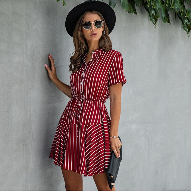 Lossky Women Cotton Mini Dress Fashion Summer Plaid Snake Short Sleeve Casual Ruched Short Nice Shirt Dress Clothes Elegant - SunLify