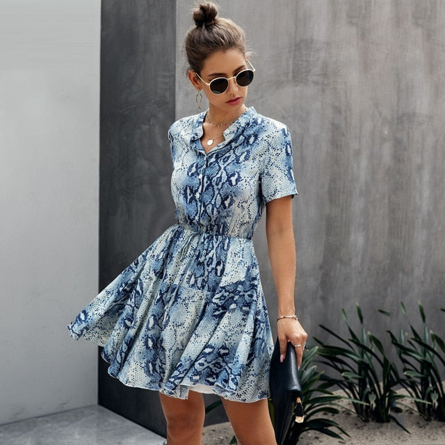 Lossky Women Cotton Mini Dress Fashion Summer Plaid Snake Short Sleeve Casual Ruched Short Nice Shirt Dress Clothes Elegant - SunLify