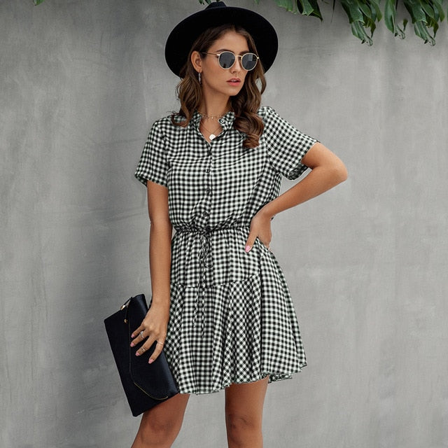 Lossky Women Cotton Mini Dress Fashion Summer Plaid Snake Short Sleeve Casual Ruched Short Nice Shirt Dress Clothes Elegant - SunLify