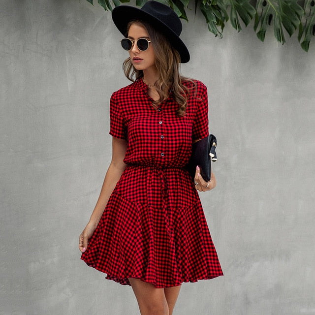 Lossky Women Cotton Mini Dress Fashion Summer Plaid Snake Short Sleeve Casual Ruched Short Nice Shirt Dress Clothes Elegant - SunLify