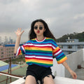 Women Rainbow Striped Tops Summer Short Sleeve Korean Punk T-shirt - SunLify