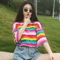 Women Rainbow Striped Tops Summer Short Sleeve Korean Punk T-shirt - SunLify