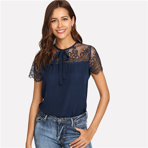 Lace Shoulder Contrast Mesh Top Blouse - SunLify