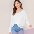 White V Neck Drop Shoulder Knit Sweater Long Office Ladies Sweaters - SunLify