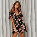 Sexy V Neck Mini Dress Women Floral Short Sleeve Sashes Summer Dresses Tunic High Waist Ladies Sundress Female  Clothing - SunLify