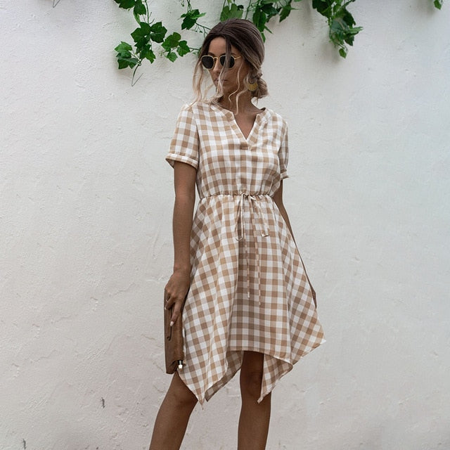 Summer Dress Women Asymmetrical Plaid Sundresses Casual Black Fitted Clothing Knees Leisure  Red Clothes For Women Everyday - SunLify