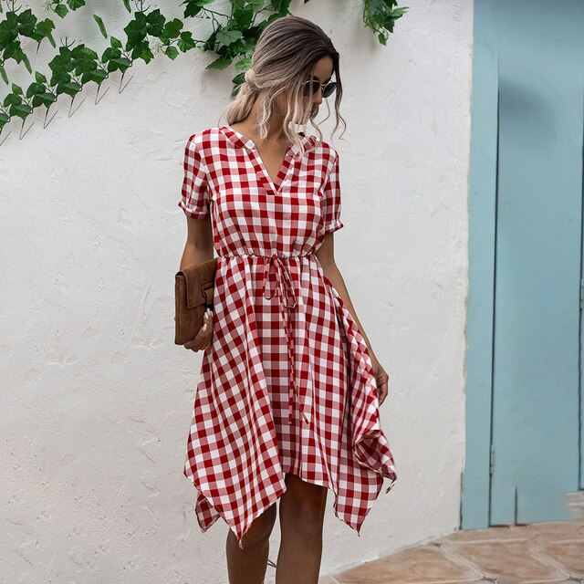 Summer Dress Women Asymmetrical Plaid Sundresses Casual Black Fitted Clothing Knees Leisure  Red Clothes For Women Everyday - SunLify