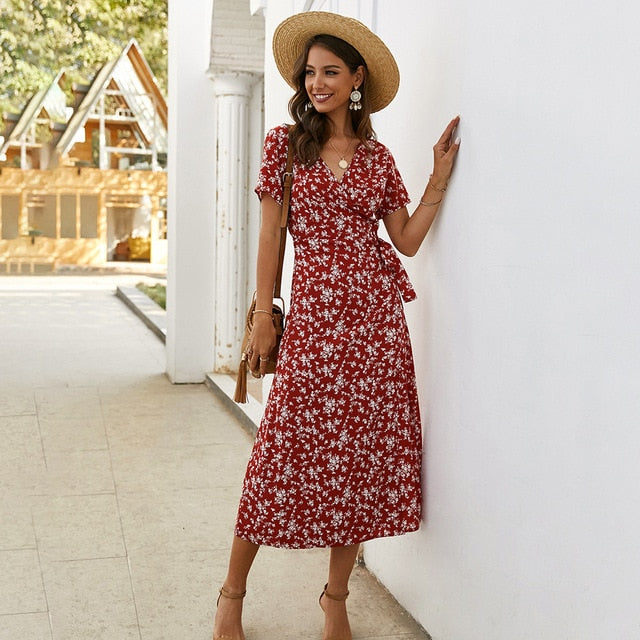 Summer Long Dress Women Casual Floral Print Midi Sundresses Bow Belt Ladies Fitted Everyday Clothes  Red Dresses For Women - SunLify