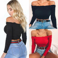 Summer Women Off Shoulder Tank Tops Slim Sleeve Off Shoulder Crop Tops - SunLify