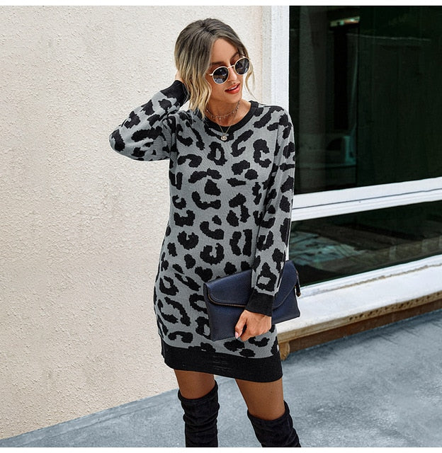 Sweater Dress Autumn Winter Long Sleeve Women Fashion Vintage Leopard Print Warm Knitted Clothes Ladies Dresses New Arrival - SunLify