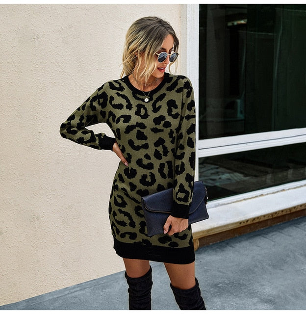 Sweater Dress Autumn Winter Long Sleeve Women Fashion Vintage Leopard Print Warm Knitted Clothes Ladies Dresses New Arrival - SunLify