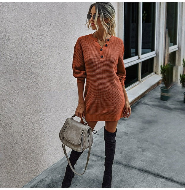 Sweater Dresses Women Autumn Winter Long Sleeve Knitted Clothes Casual Ladies Pure Black Button Slim Fit Dress Fall  Fashion - SunLify