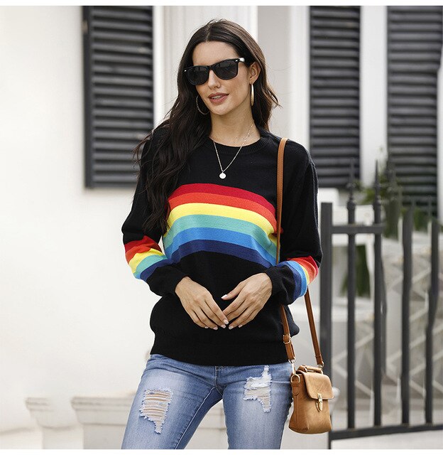 Sweater Women Autumn Winter Long Sleeve Rainbow Striped Top White Knitted Pullover Sweaters  Fashion Womans Clothes Knitwear - SunLify