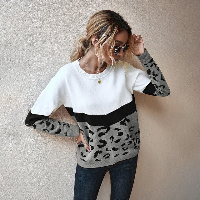 Sweater Women Leopard Patchwork Autumn Winter Ladies Long Sleeve Jumper Pullover Sweaters Top Brown Fashion Womens Clothing - SunLify