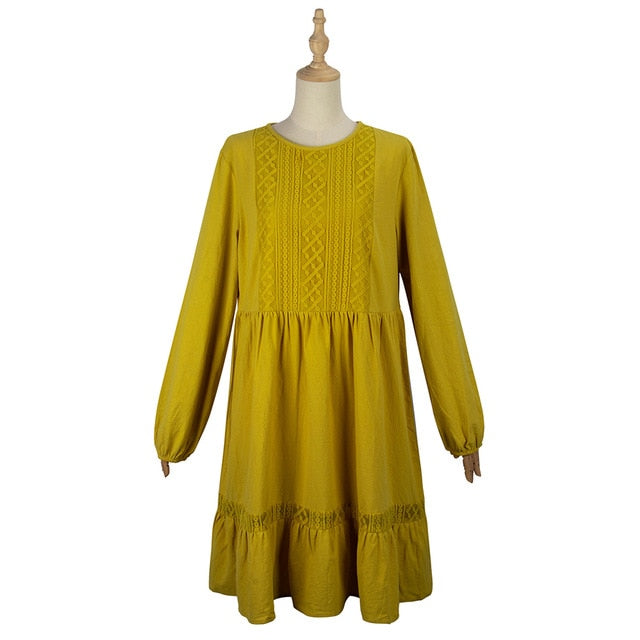 Woman Dress Autumn Winter Casual Lace Stitching Yellow Long Sleeve Loose Vintage Dresses For Women Clothes  Ladies - SunLify