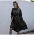 Woman Long Dress Autumn Spring Elegant Polka Dot Print Ruched Bow Dresses Casual Black Long Sleeve Trendy Clothes For Women - SunLify