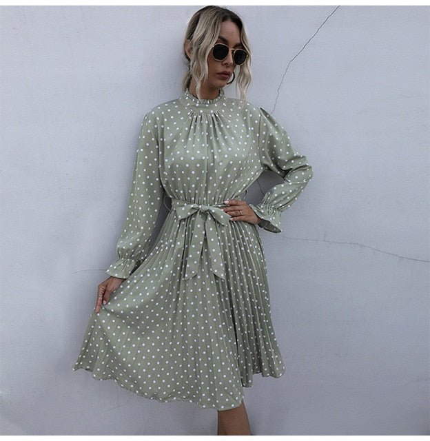 Woman Long Dress Autumn Spring Elegant Polka Dot Print Ruched Bow Dresses Casual Black Long Sleeve Trendy Clothes For Women - SunLify