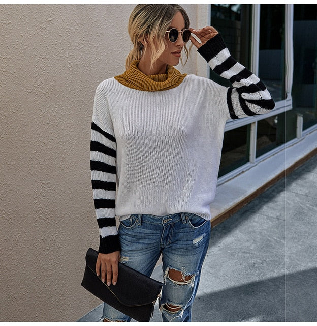 Woman Sweaters Casual Autumn Winter Long Sleeve Striped Print Tops Black Turtleneck Knit Pullover Sweater  Womens Clothes - SunLify