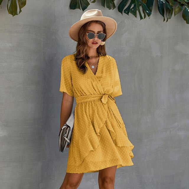 Women Dress Casual Ruffle Bow Lacing-Up Black Summer Sundresses Fitted Everyday Mini Short Clothing High Waist Red  Yellow - SunLify