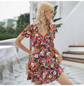 Women Dresses Summer Casual Ladies Floral Flower Print Ruffle Mini Dress Red A Line Womens Clothes Black  Fashion Vacation - SunLify