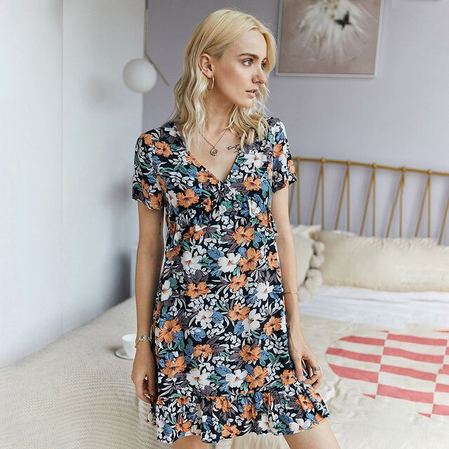 Women Dresses Summer Casual Ladies Floral Flower Print Ruffle Mini Dress Red A Line Womens Clothes Black  Fashion Vacation - SunLify