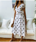 Women Fashion Polka Dot Dress Summer Casual A-Line Party Dresses Sexy V-neck Short Sleeve White Red Long Dress Sashes - SunLify