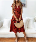 Women Fashion Polka Dot Dress Summer Casual A-Line Party Dresses Sexy V-neck Short Sleeve White Red Long Dress Sashes - SunLify