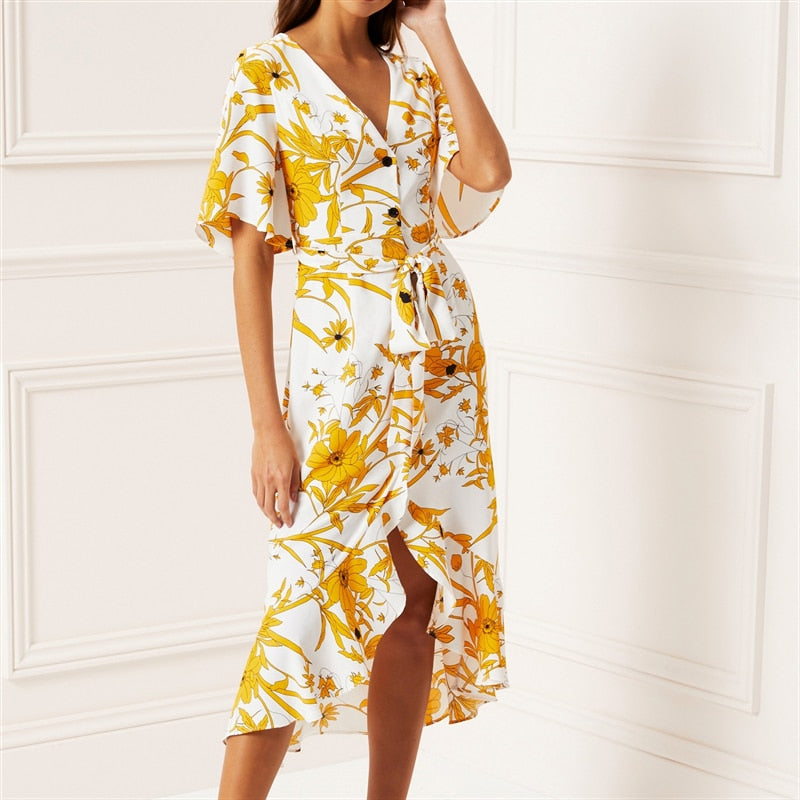 Women Floral Print Beach Dress Boho Short Sleeve Ruffle Long Dress - SunLify